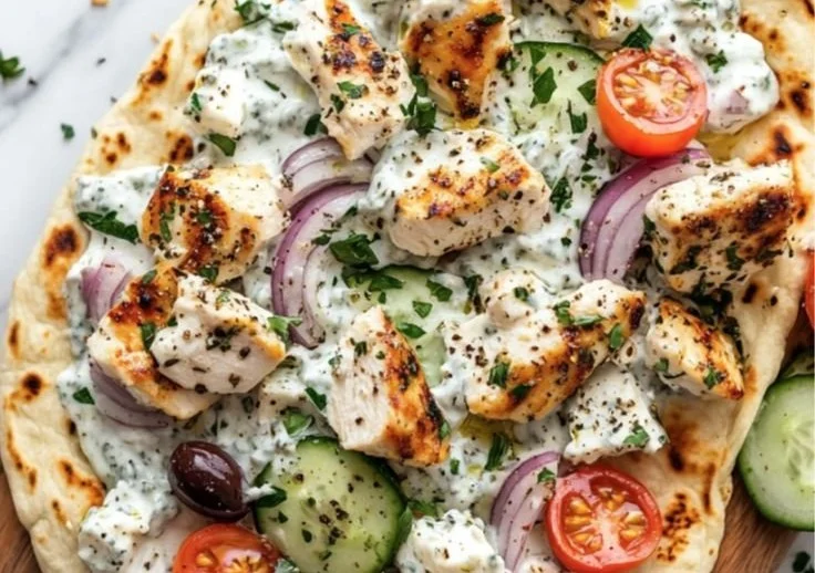 Healthy Greek Chicken Flatbread topped with fresh vegetables and feta cheese