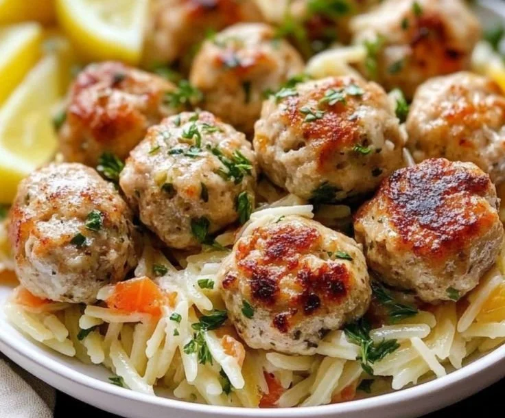 Plate of Greek chicken meatballs served with lemon orzo