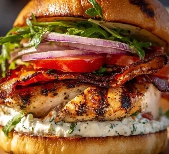 Homemade grilled chicken sandwich on a rustic wooden table