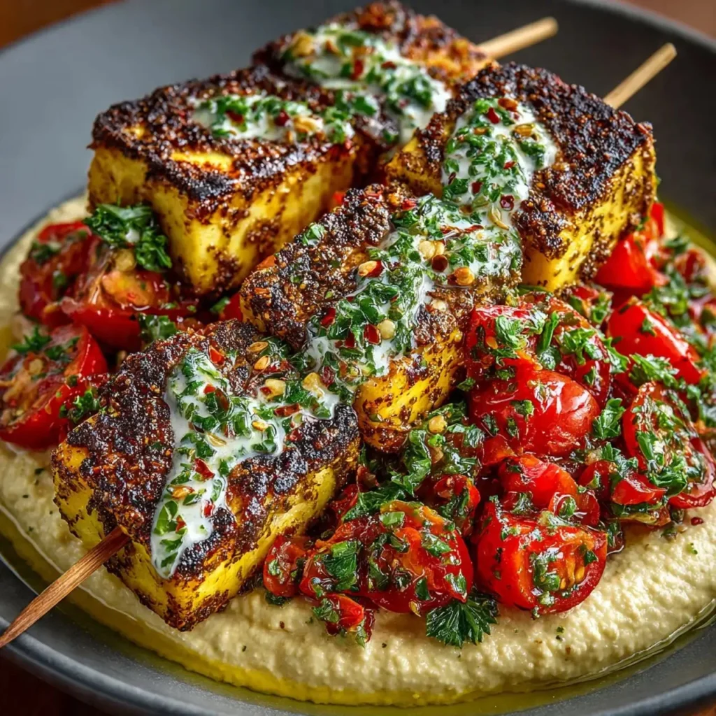 Grilled Za'atar tofu skewers served with a vibrant tomato salad and creamy hummus.