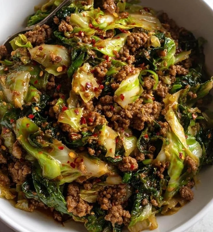Ground beef and cabbage stir fry served in a bowl with vegetables
