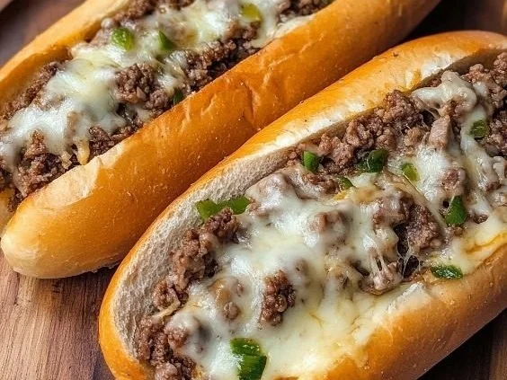 Ground Beef Philly Cheesesteaks with melted cheese on a hoagie roll