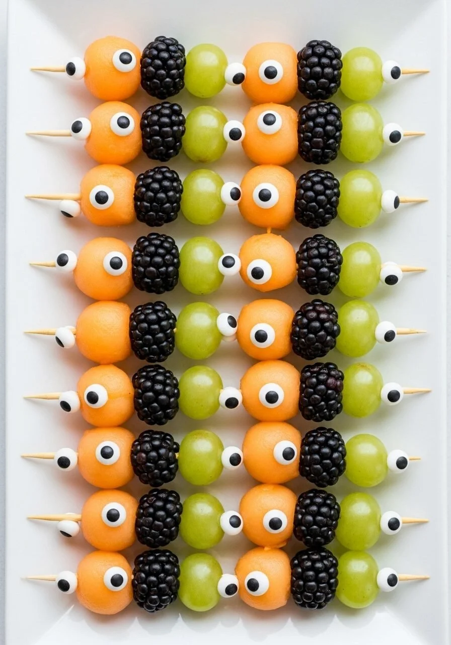 Colorful Halloween fruit kabobs with spooky decorations and fresh fruit