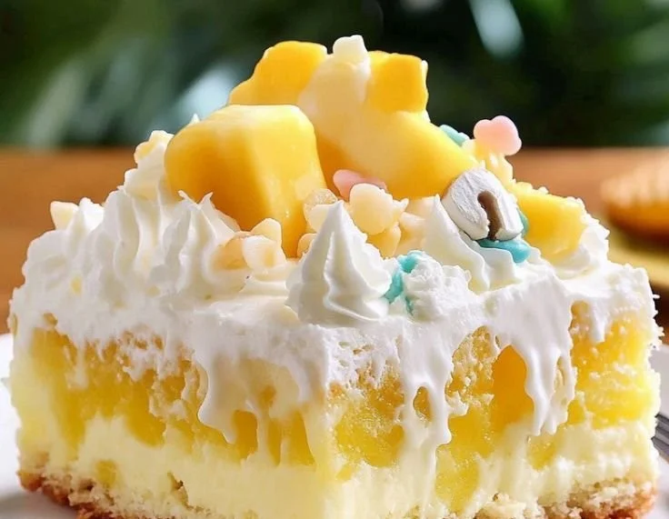 Hawaiian Poke Cake topped with pineapple and coconut.