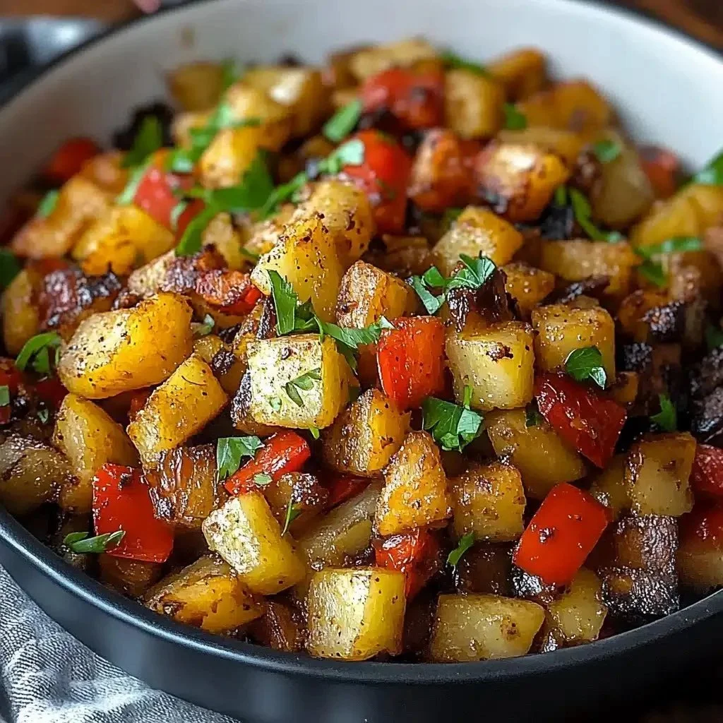 Delicious vegan breakfast hash with vegetables and spices served in a bowl.