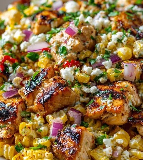 High protein chicken street corn salad with creamy dressing in a bowl
