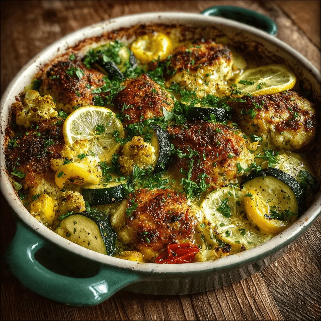 High-protein chicken zucchini bake served with fresh herbs