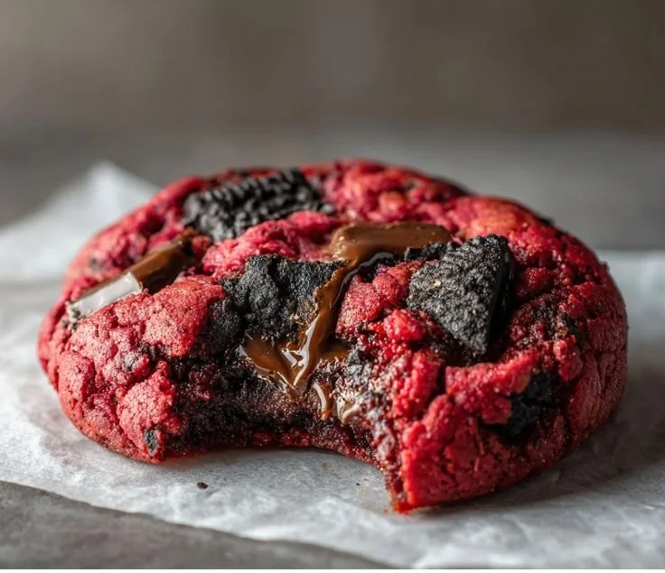 Delicious homemade red velvet Oreo cookies on a cooling rack