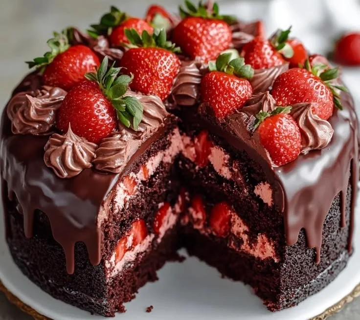 Indulgent strawberry chocolate cake with a rich chocolate shell and fresh strawberries.