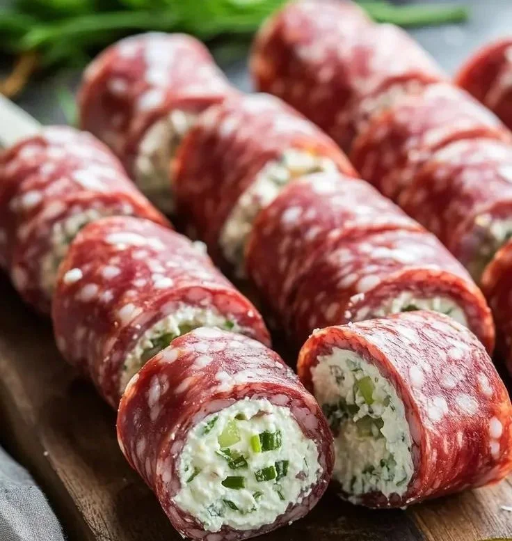 Keto Salami Roll-Ups featuring cheese and fresh herbs wrapped in tasty salami slices.