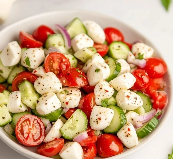 Juicy Cucumber Caprese Salad with mozzarella and basil on a white plate