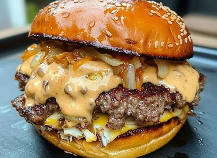 Delicious juicy smash burger served with fresh toppings on a bun