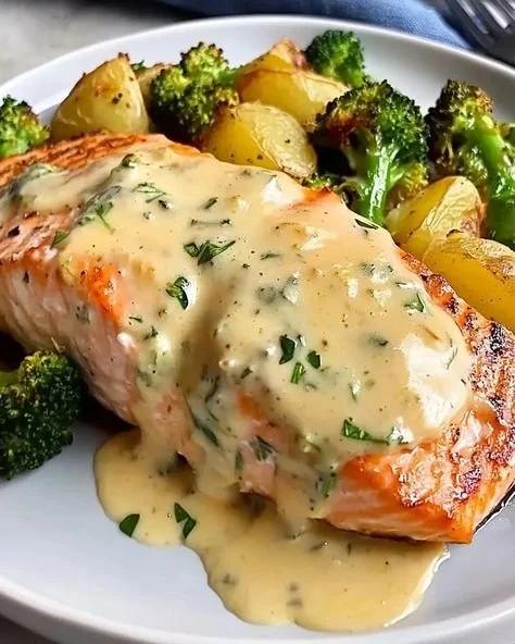 Lemon Butter Salmon served with crispy potatoes and broccoli on a plate