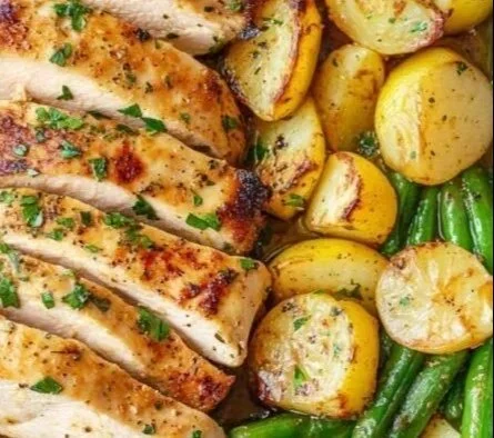 Lemon garlic chicken meal prep dish garnished with herbs and lemon slices.