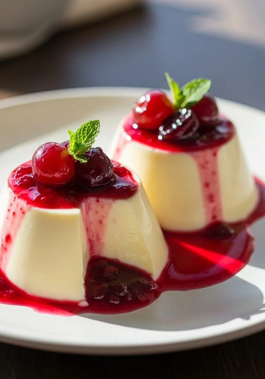 Lemon Panna Cotta dessert topped with fresh grapes served two ways.