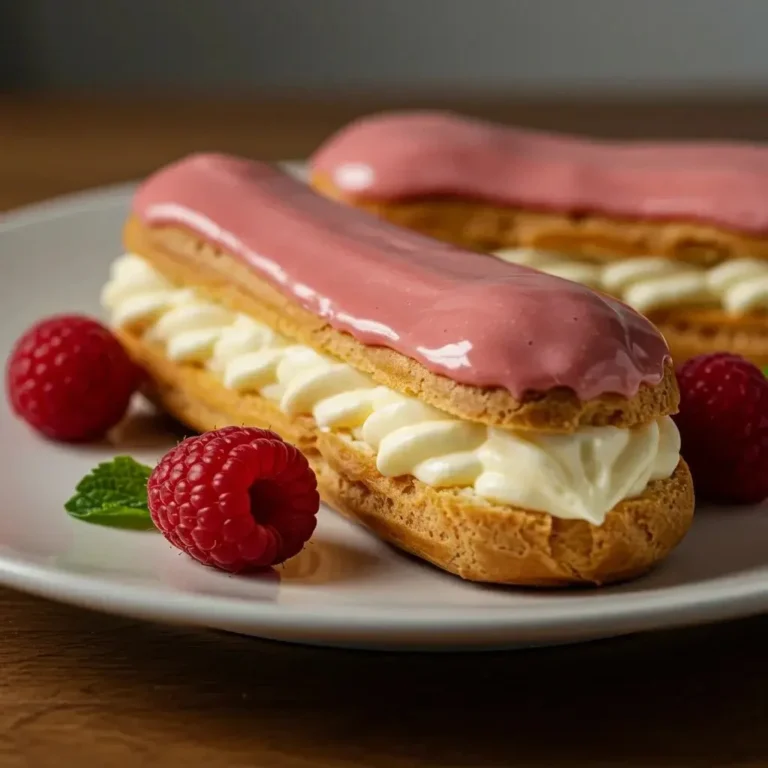 Lemon raspberry eclairs topped with fresh raspberries and lemon zest