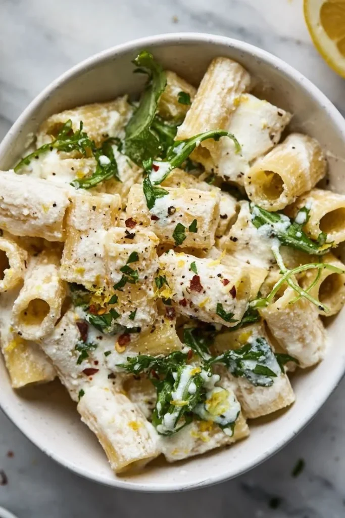 Delicious Lemon Ricotta Pasta With Arugula served in a bowl