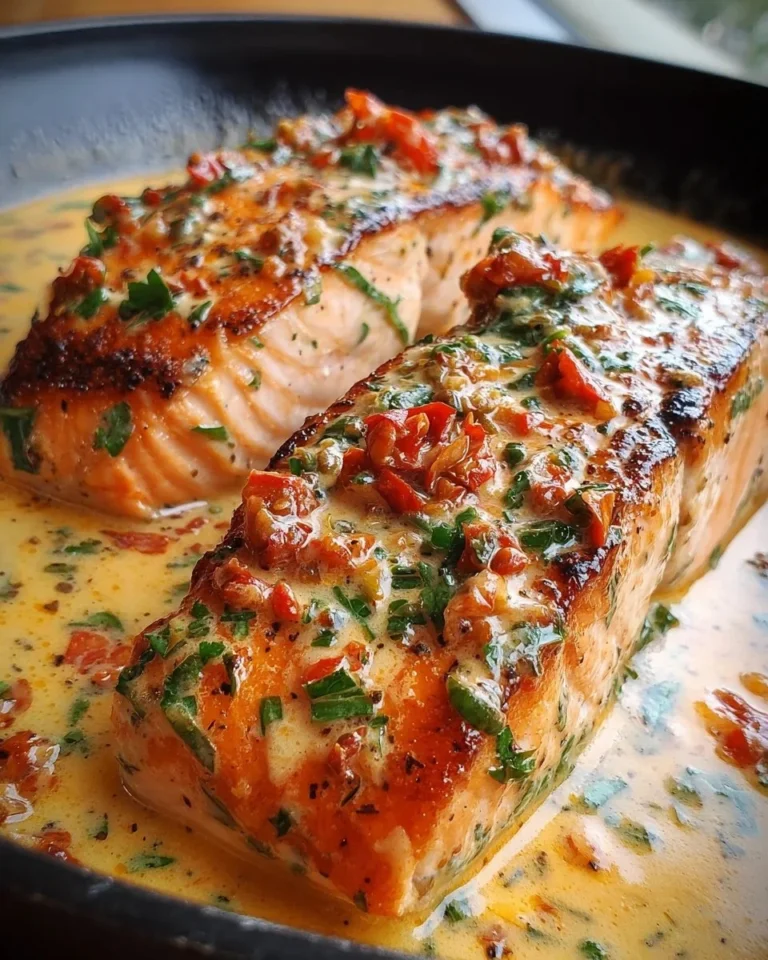 Delicious Marry Me Salmon recipe garnished with herbs and lemon