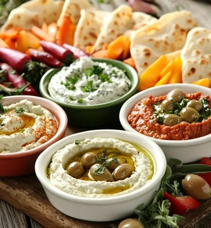 Mediterranean brunch board with fresh ingredients and vibrant colors.