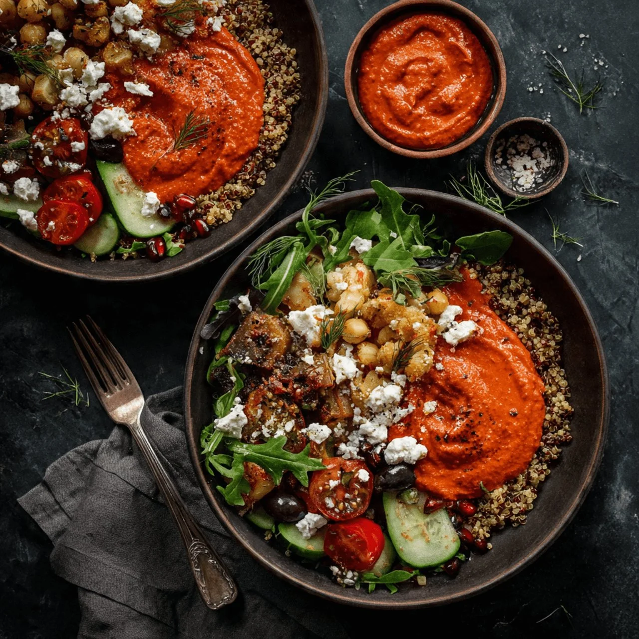 Mediterranean Quinoa Bowl with Roasted Red Pepper Sauce garnished with fresh herbs