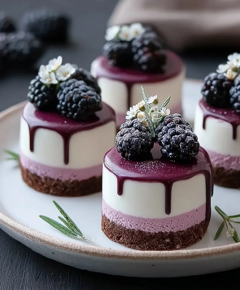 Mini Blackberry Mousse Cakes displayed on a platter with fresh blackberries