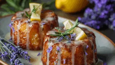 Mini lemon cakes drizzled with lavender glaze, perfect for a sweet treat.