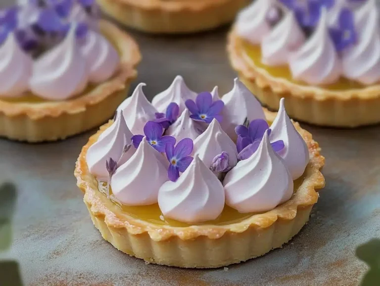 Mini lemon tart topped with lilac meringue, a vibrant spring dessert.