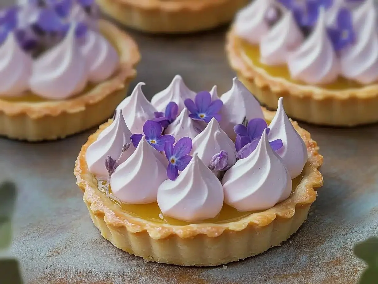 Mini lemon tart topped with lilac meringue, a vibrant spring dessert.