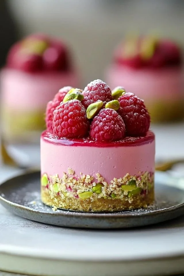 Mini Raspberry Pistachio Mousse Cakes, a delicious dessert with vibrant colors and flavors.