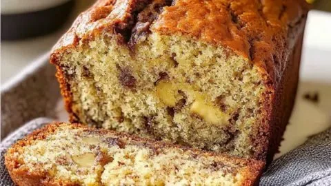 Deliciously moist banana bread loaf fresh out of the oven.