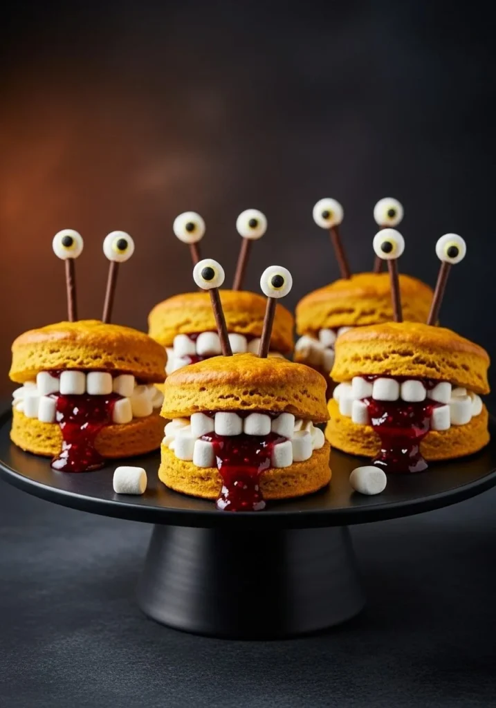 Monster Face Pumpkin Scones decorated for Halloween