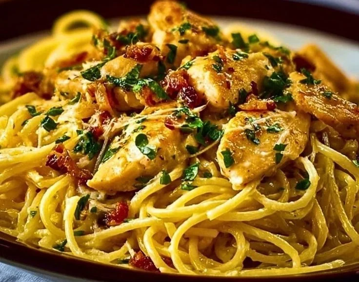 Delicious Monterey Chicken Spaghetti served with fresh ingredients and herbs
