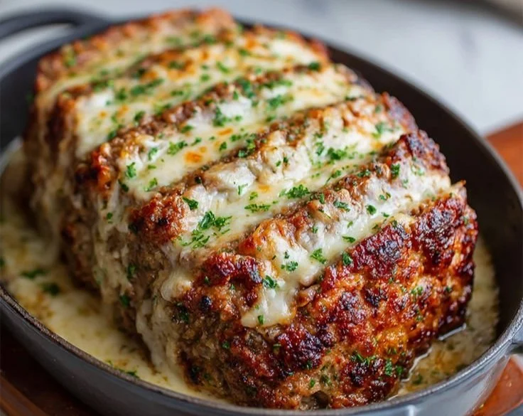 Delicious Garlic Parmesan Meatloaf on a plate with herbs garnish