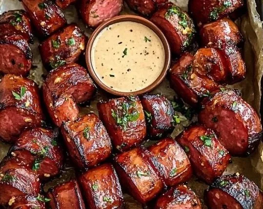 Mustard Hasselback Kielbasa Bites served on a platter with dipping sauce