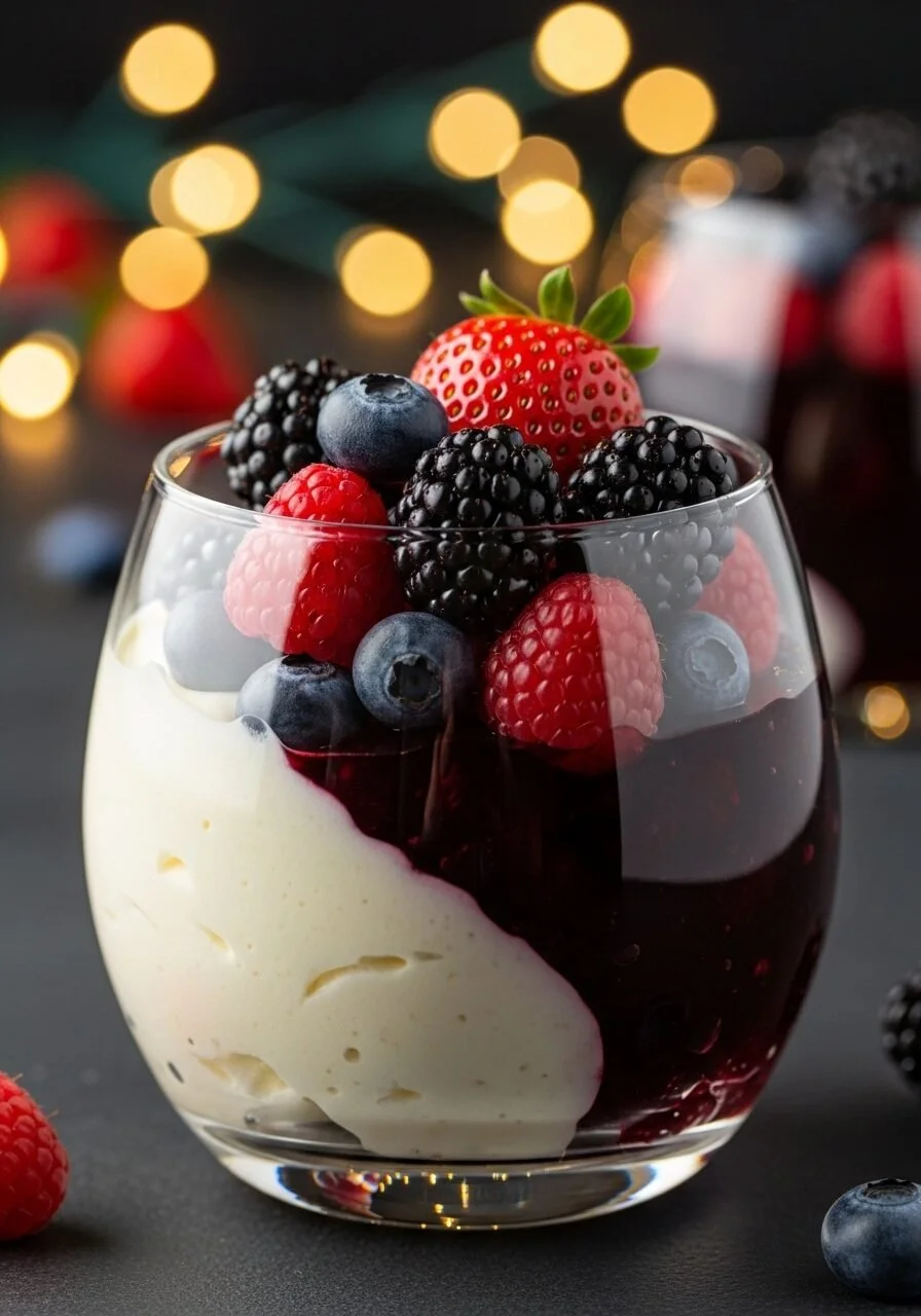 Delicious New Year's Eve dessert of Vanilla Mousse and Berry Jello served elegantly