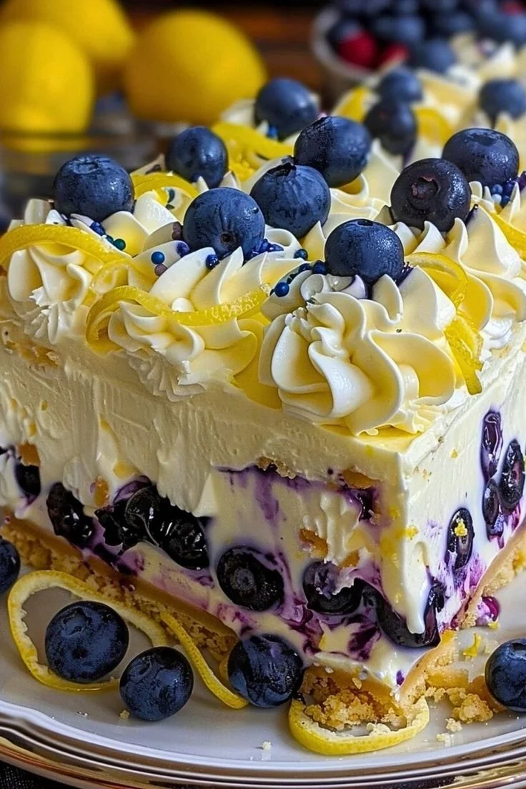 No-bake lemon blueberry cream cake topped with fresh berries