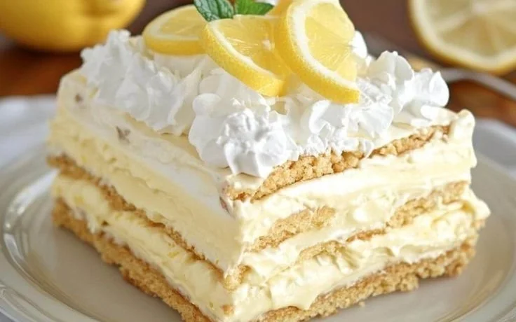 No-Bake Lemon Éclair Cake topped with lemon glaze and whipped cream.