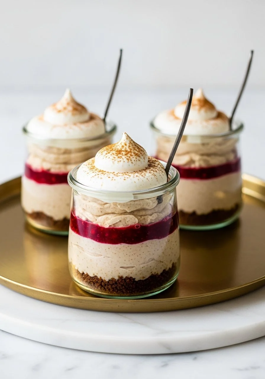 No-bake mini mason jar spiced cheesecakes garnished with cinnamon