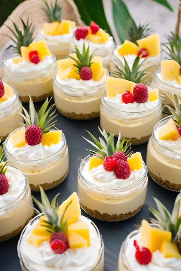 No Bake Pineapple Cheesecake topped with fresh pineapple slices