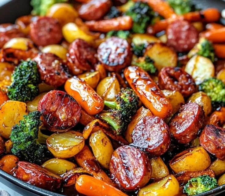 One-Pan Honey Garlic Kielbasa & Veggies dish ready to serve