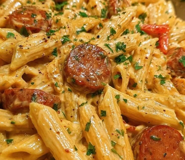 One-Pot Creamy Spicy Cajun Sausage Pasta dish with vibrant ingredients.