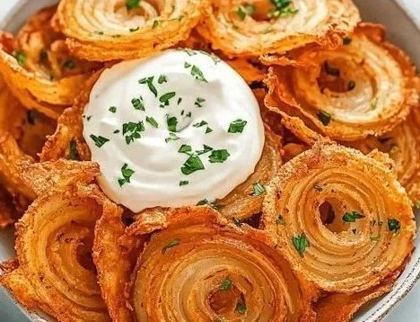 A bowl of crispy onion ring chips, perfect for snacking.