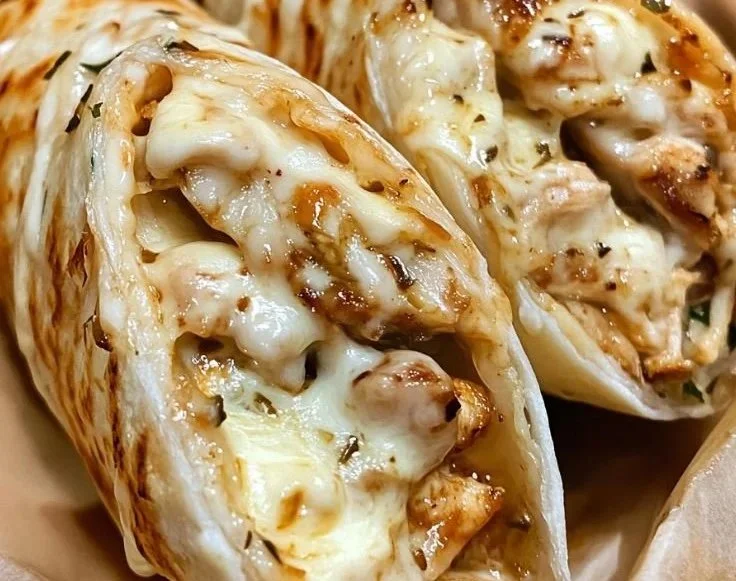 Delicious cheesy garlic chicken wraps served on a plate, garnished with herbs.