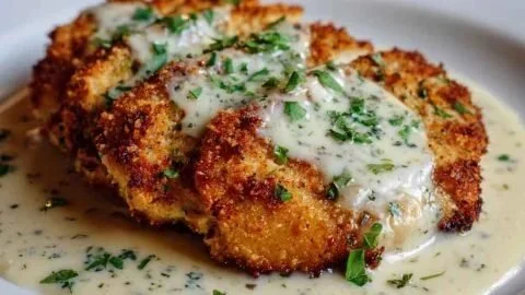Parmesan Crusted Chicken served with creamy garlic sauce