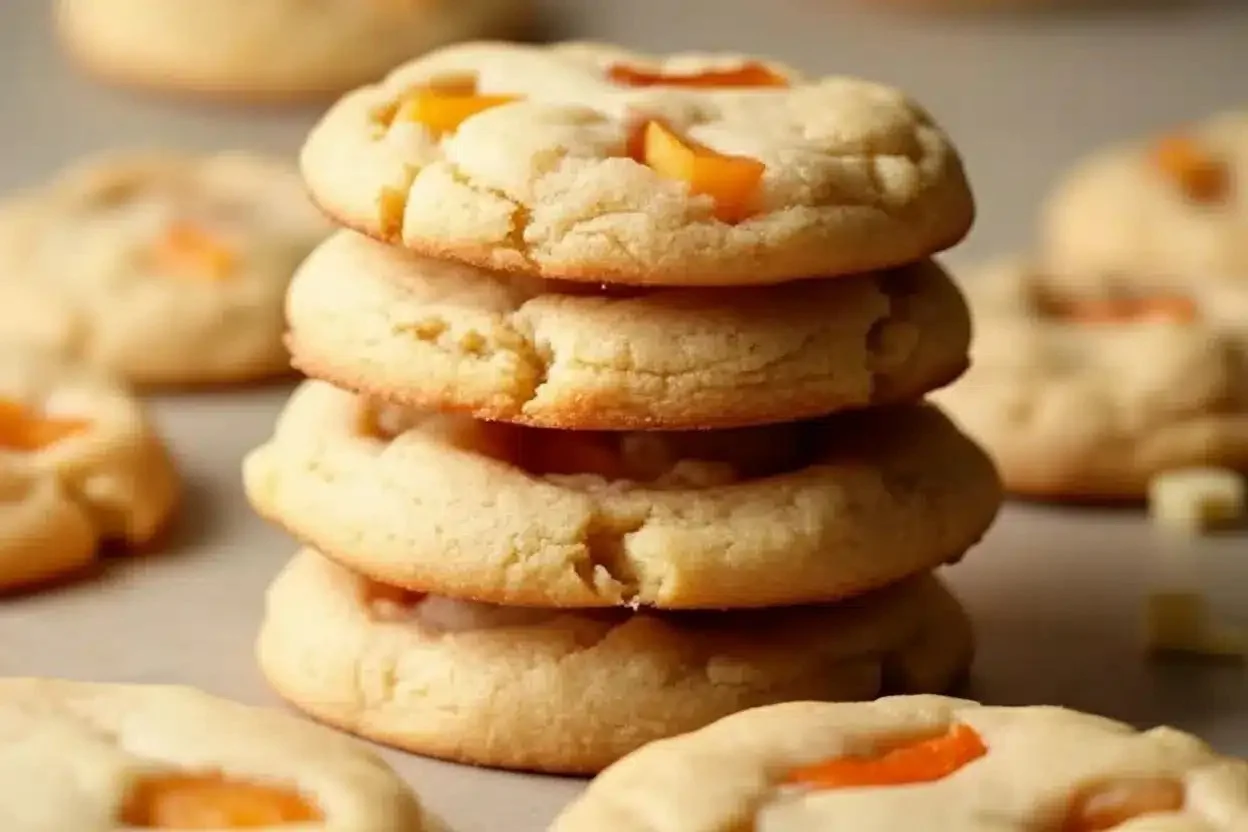 Golden-brown Peaches and Cream Cookies with fresh peaches and creamy frosting.