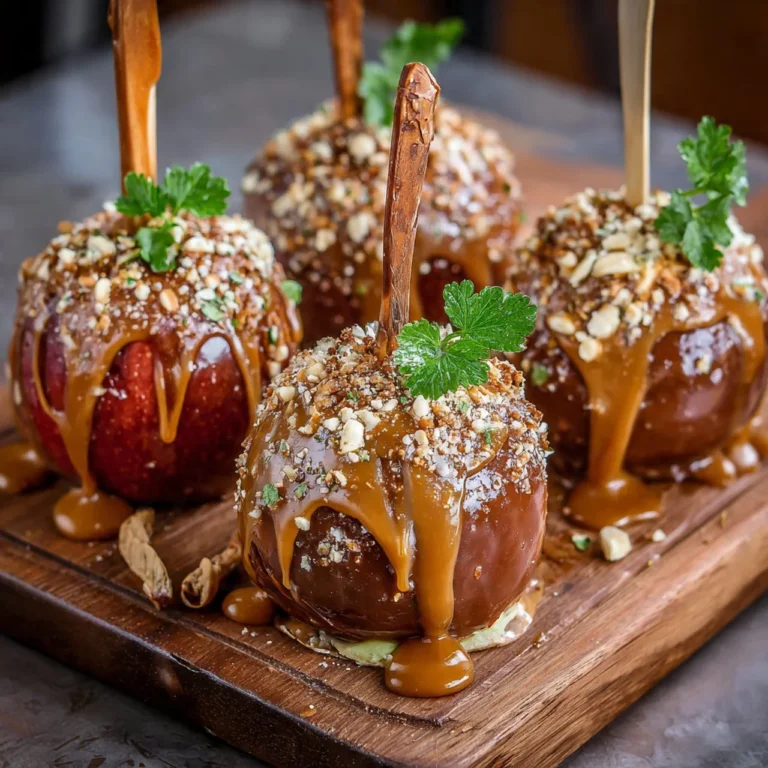 Peanut butter caramel apple pops on a wooden table, drizzled with caramel