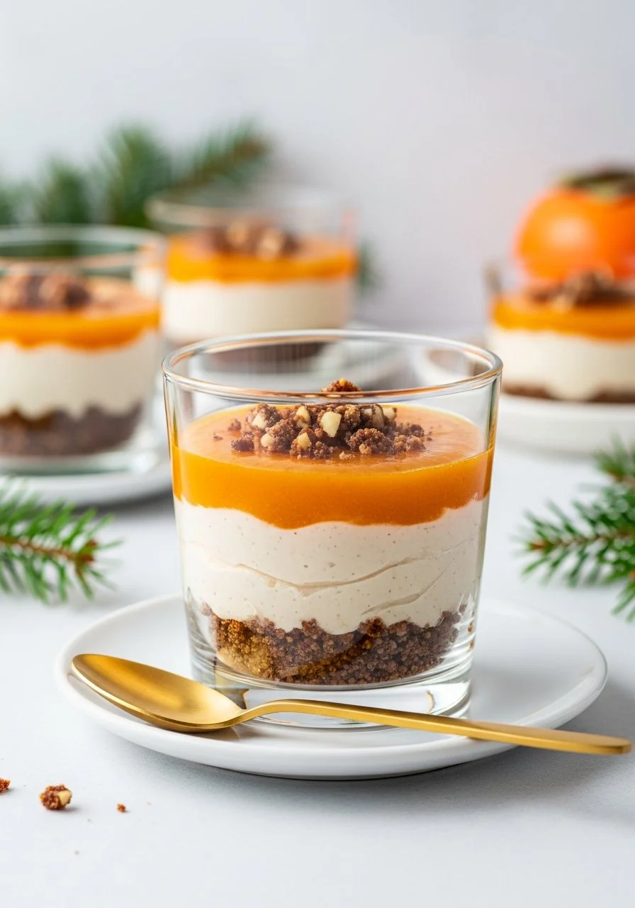 Vegan no-bake persimmon cheesecake served in a glass with fresh persimmons