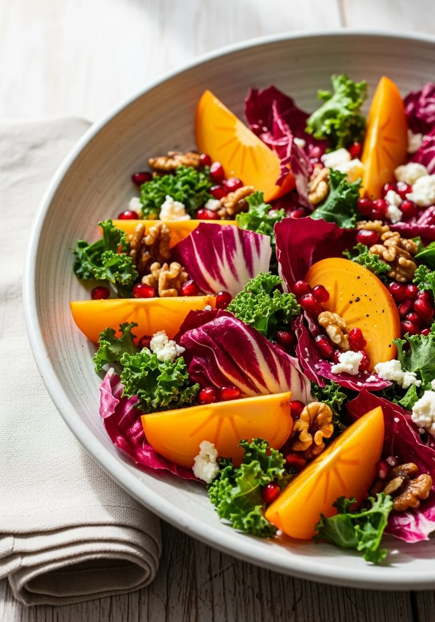 Persimmon salad featuring sliced persimmons and apple cider vinaigrette dressing