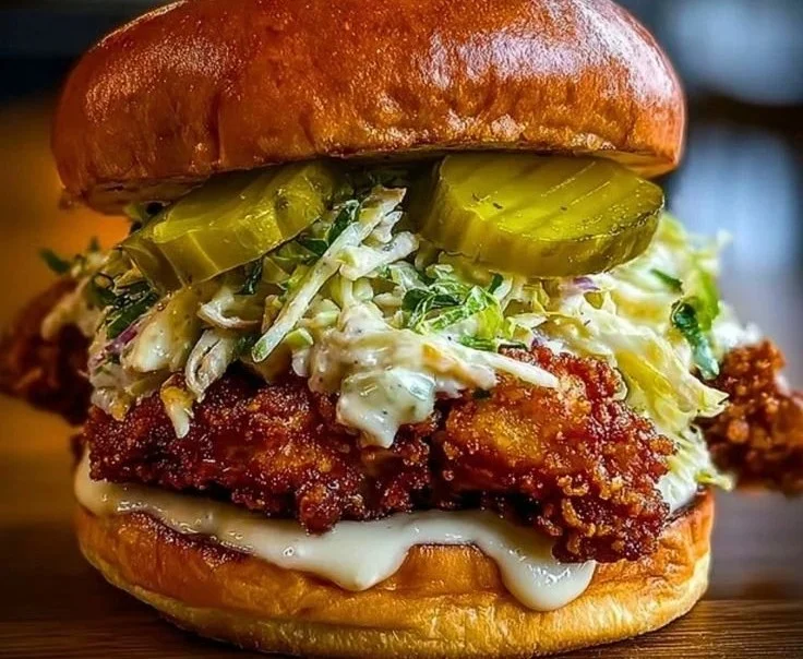 Pickle brined fried chicken sandwich with crispy coating and dill pickles