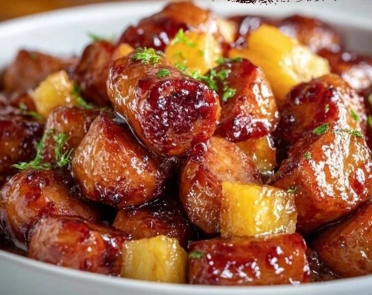Pineapple Brown Sugar Mississippi Little Smokies Bites appetizer on a platter